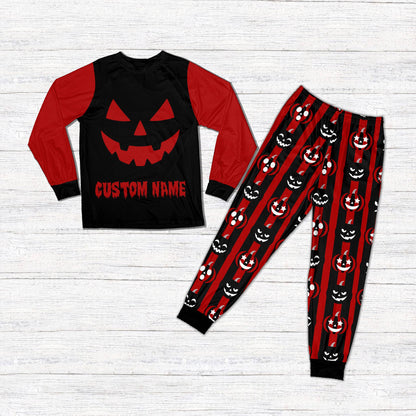 Personalized black and orange jack-o-lantern family christmas matching pajamas style set, main view