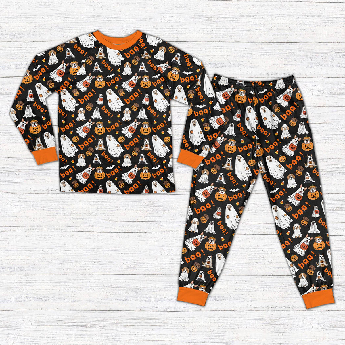 Black background matching halloween pajama set with dog pattern front view
