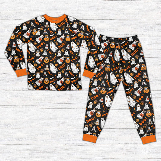Black background matching halloween pajama set with dog pattern front view