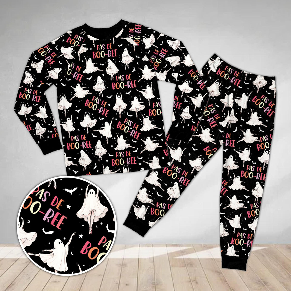 Black halloween pajama set featuring ballet ghosts and Pas de Boo-Ree text, front view