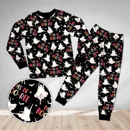Black halloween pajama set featuring ballet ghosts and Pas de Boo-Ree text, front view