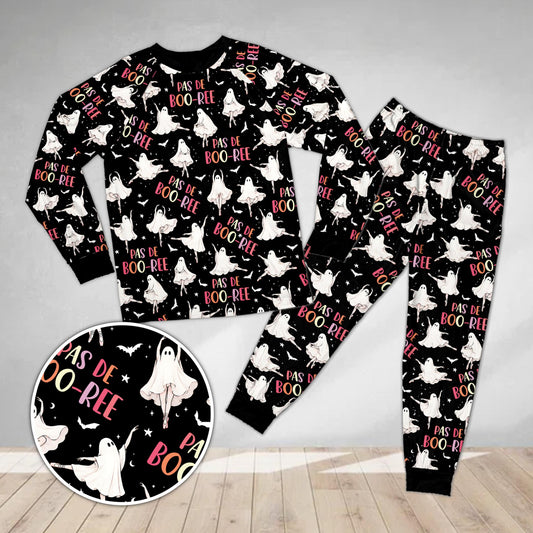Black halloween pajama set featuring ballet ghosts and Pas de Boo-Ree text, front view
