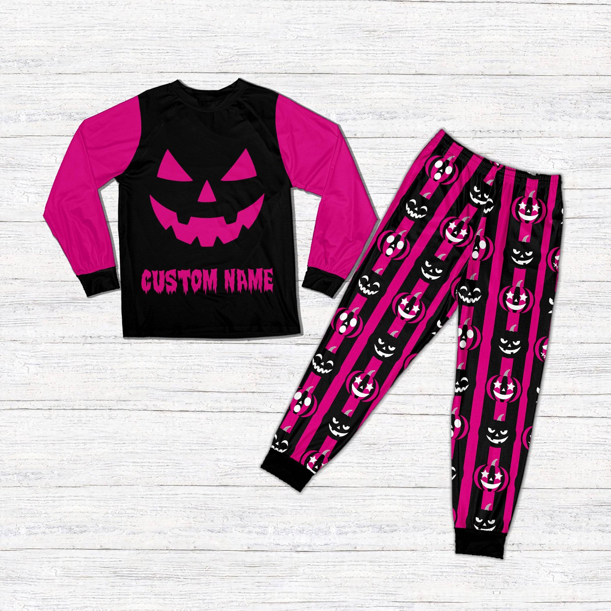 Another front view of the black Halloween matching family pajamas with custom name