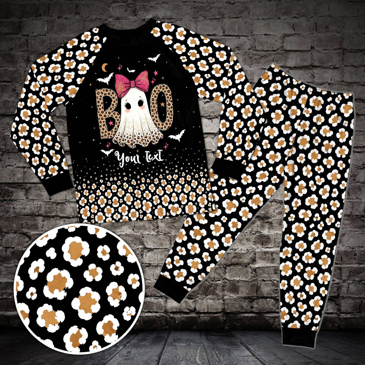 Front view of black cute ghost personalized pajamas