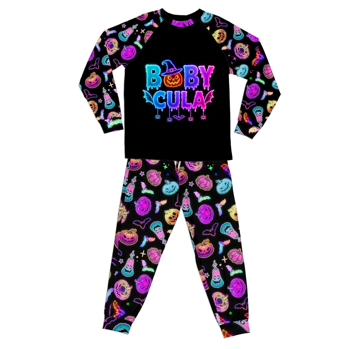 Matching family pajamas featuring neon ghosts and bats pattern, front view