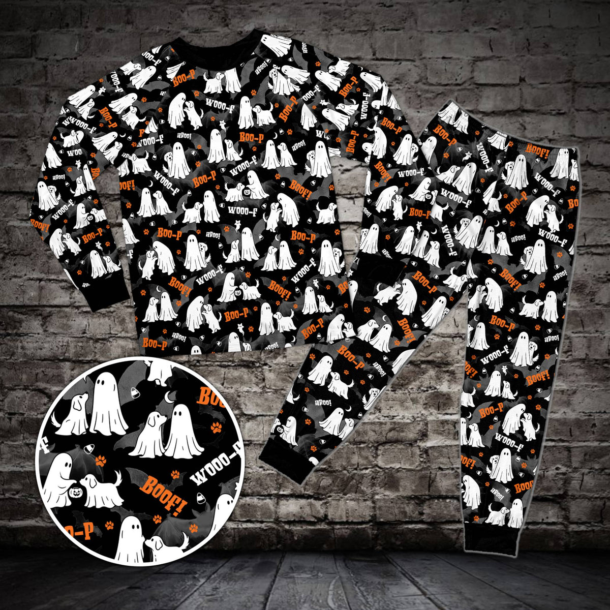 Black matching family pajama set featuring a dog ghost Halloween pattern, front view