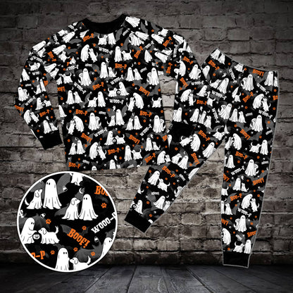 Black matching family pajama set featuring a dog ghost Halloween pattern, front view