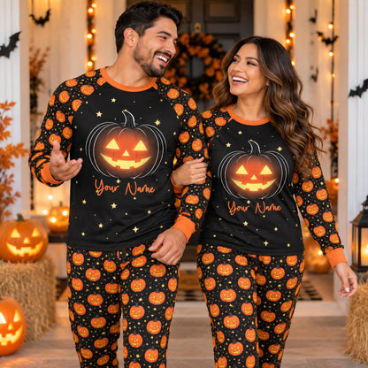 Personalized halloween pajama set with jack-o'-lantern design and custom name, front view