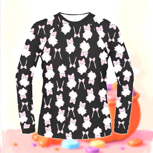 Main view of the halloween pajama set featuring white ghosts with pink bows on a black background