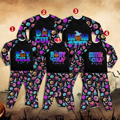 Spooky neon Halloween matching family pajama top, front view