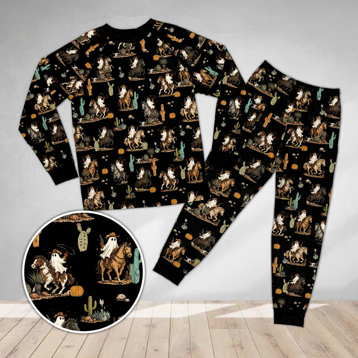 Black matching family holiday pajamas featuring ghost rider, front view