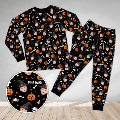 Main view of the personalized black Halloween pajama set featuring custom faces and patterns