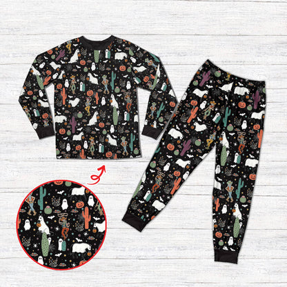 holiday family matching pajamas in western Halloween black design, front view