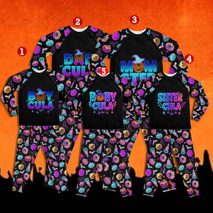 Black matching family pajama set with neon Halloween pattern, front view