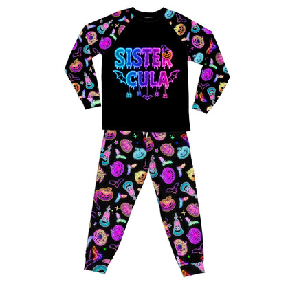 Neon Halloween matching family pajama set, front view