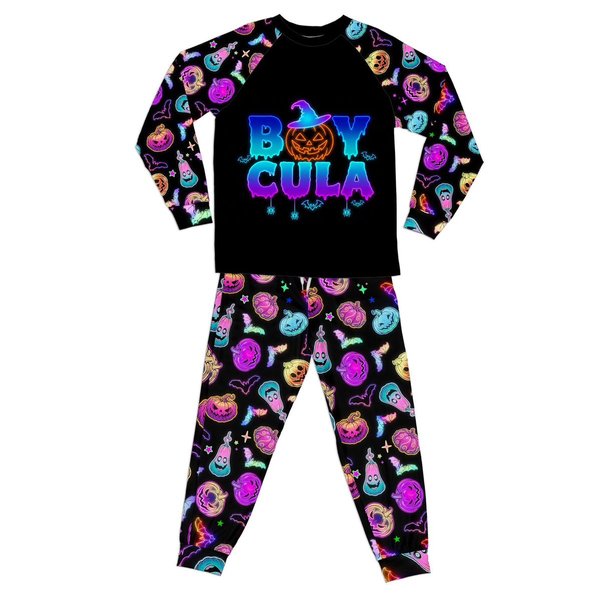 Matching family pajamas with vibrant Halloween design, front view