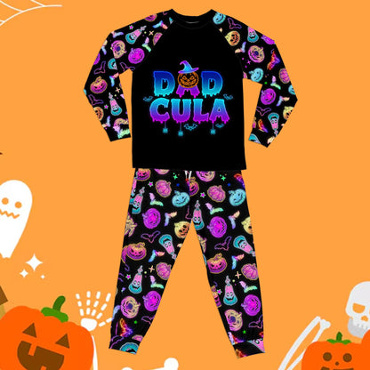 Matching family pajamas spooky neon pattern close up