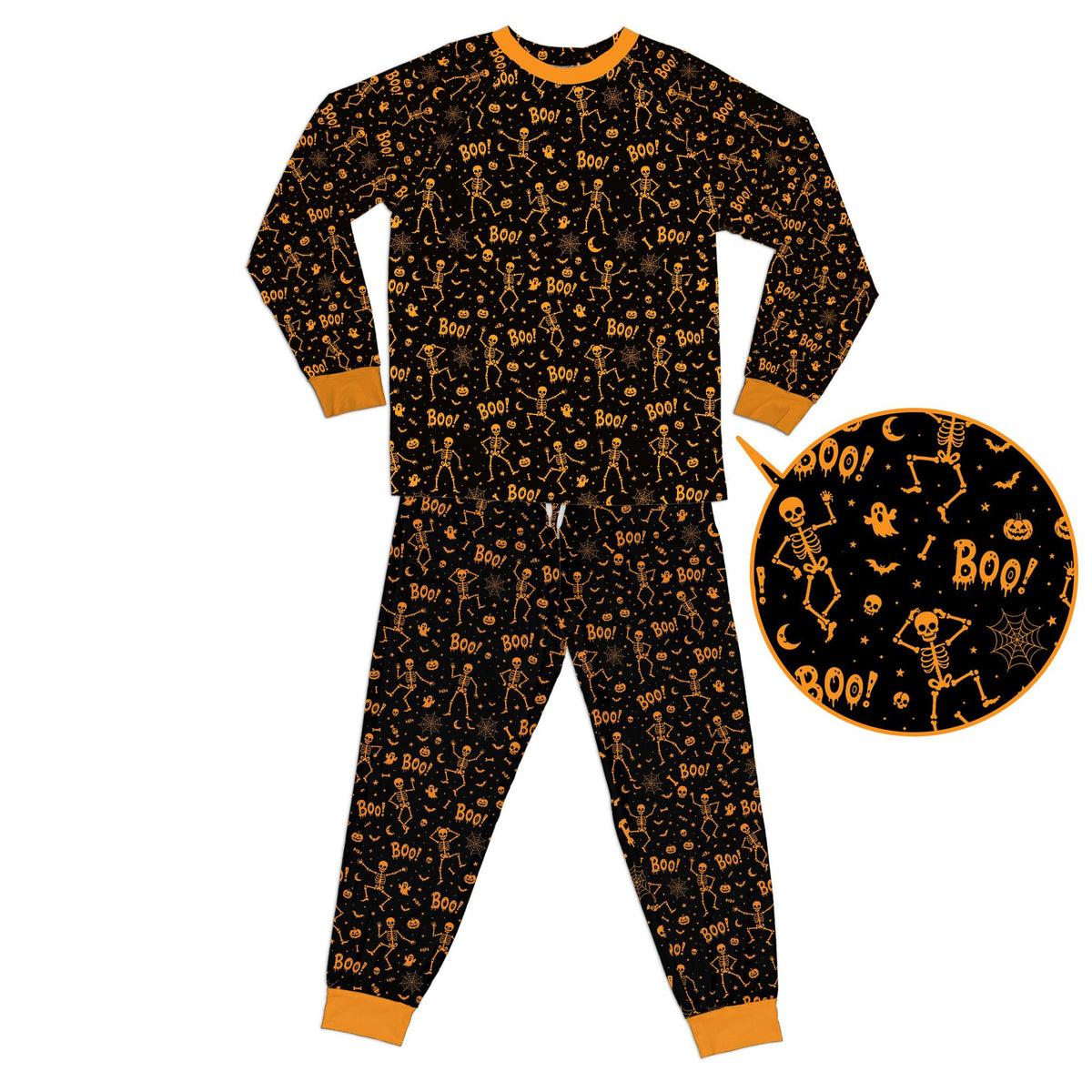 Front view of the black and orange Halloween pajama set with jack-o'-lanterns and bats