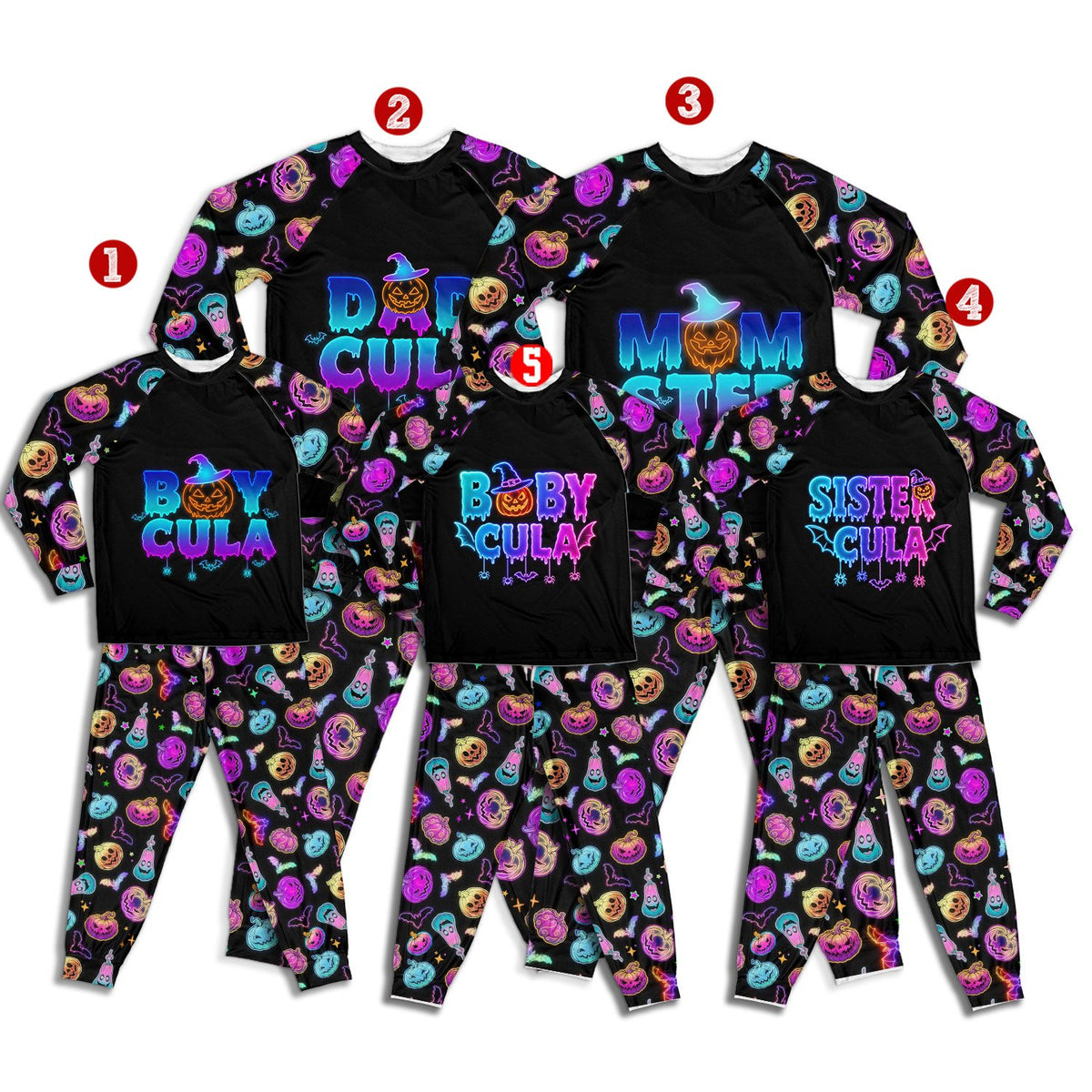 Matching family Halloween pajama set with spooky neon graphics, main view