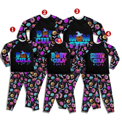 Matching family Halloween pajama set with spooky neon graphics, main view