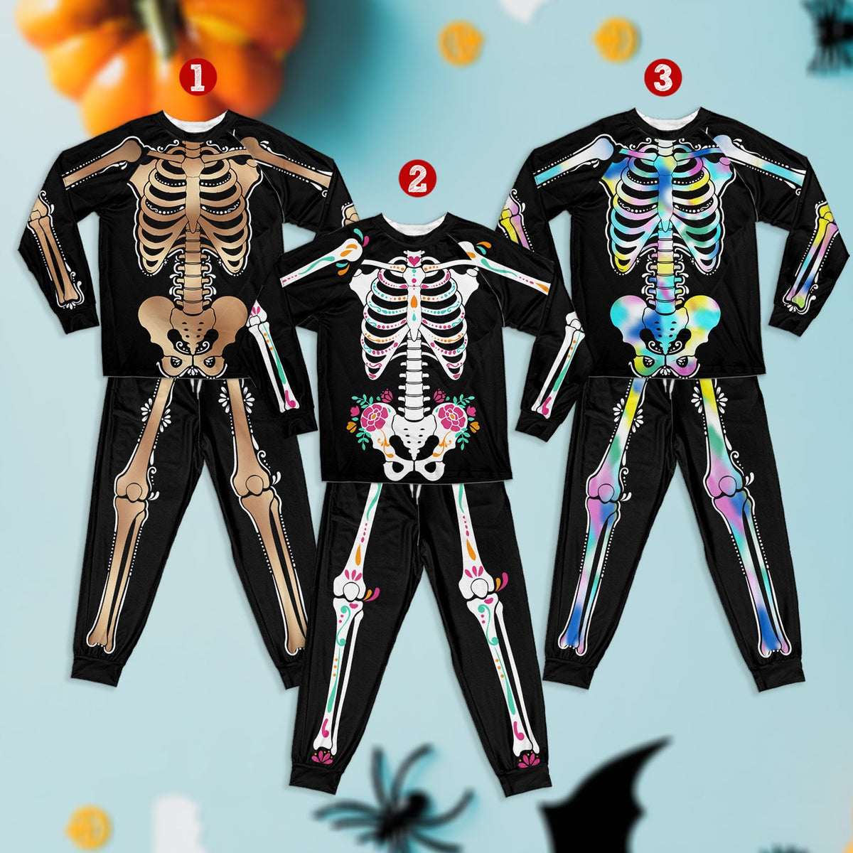 Front view of the black Halloween pajama set with skeleton design