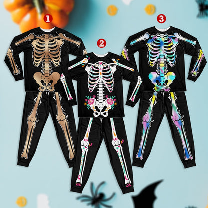 Front view of the black Halloween pajama set with skeleton design