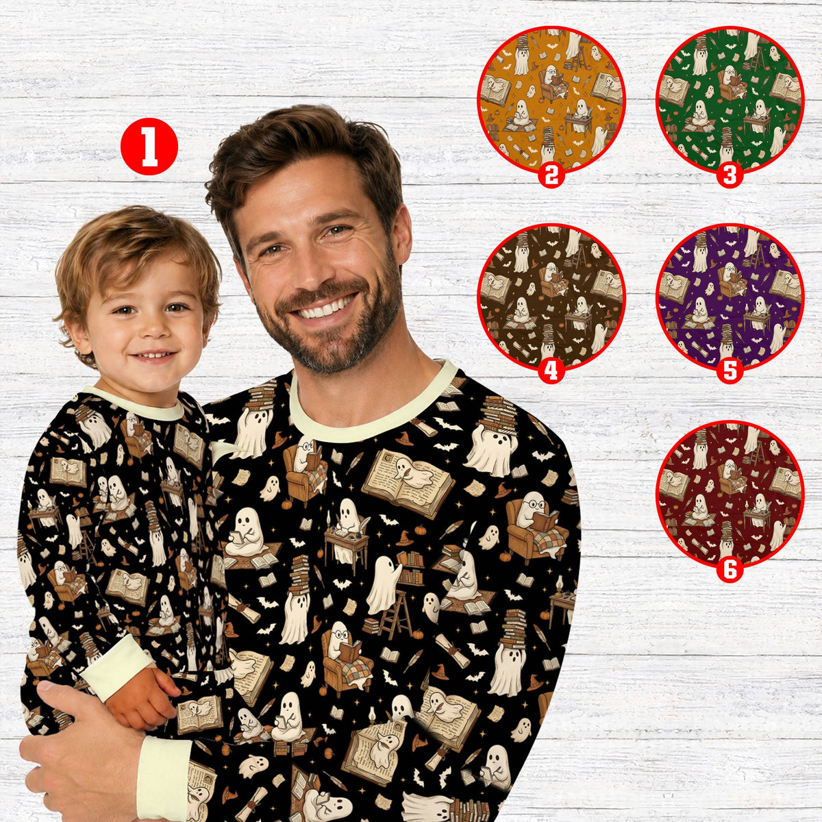 Lifestyle view of matching family holiday pajamas in black with Halloween ghost print