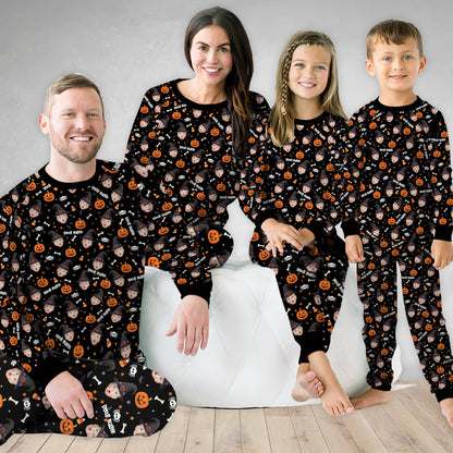 Lifestyle view of the black custom matching family pajama set indoors