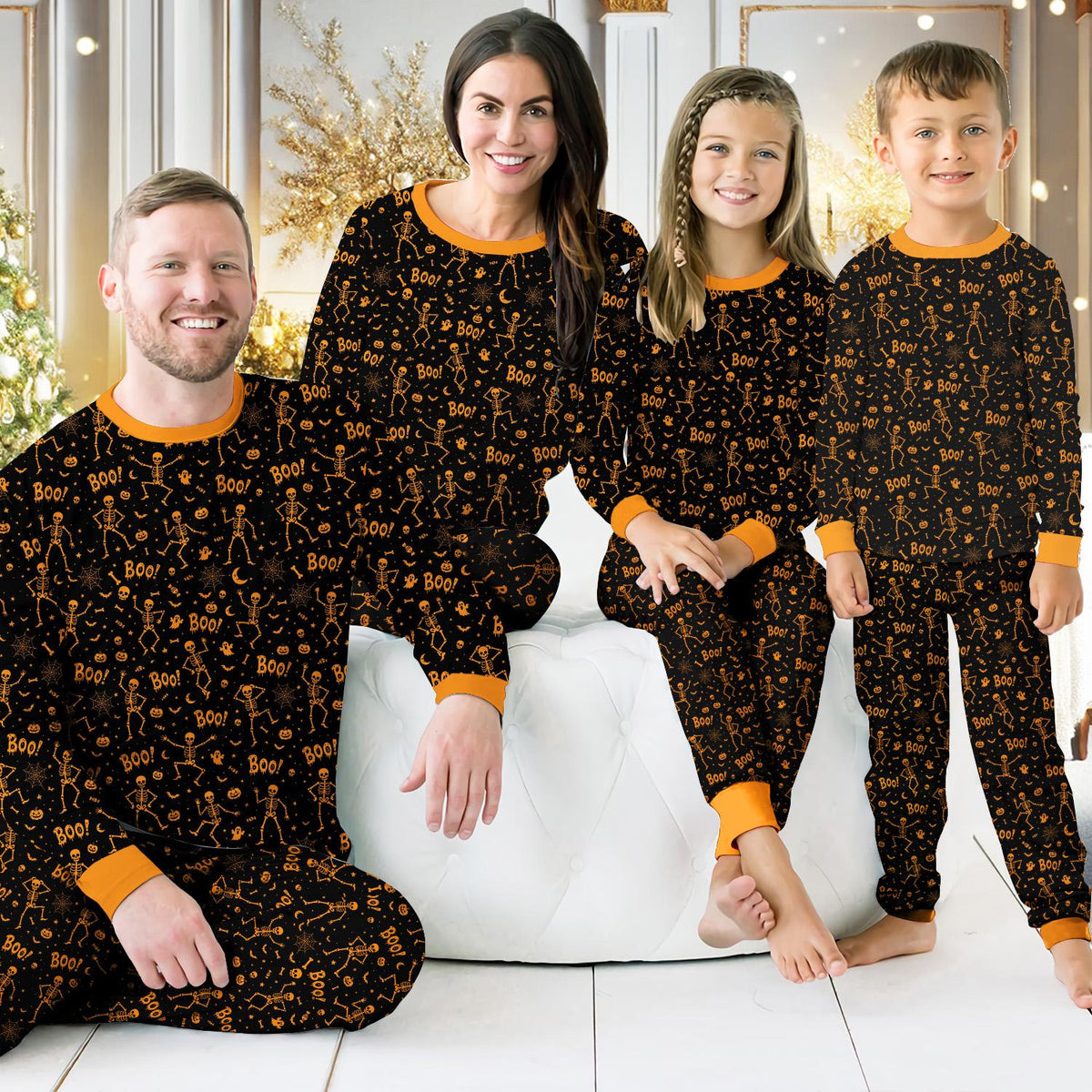 Another lifestyle view of the matching family Halloween pajama set being worn