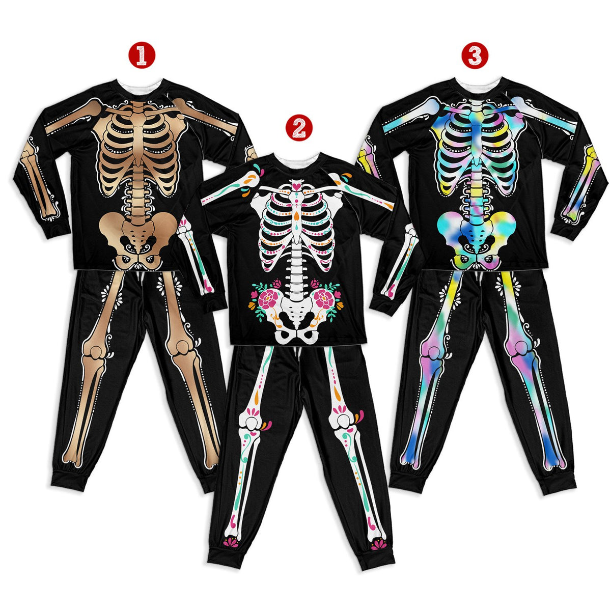 Lifestyle shot of the family pajamas matching in sugar skull and rainbow bone designs