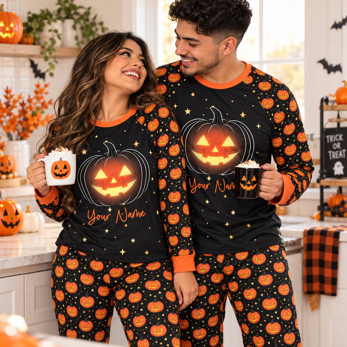 Family enjoying the spooky season in custom halloween pajamas, lifestyle view