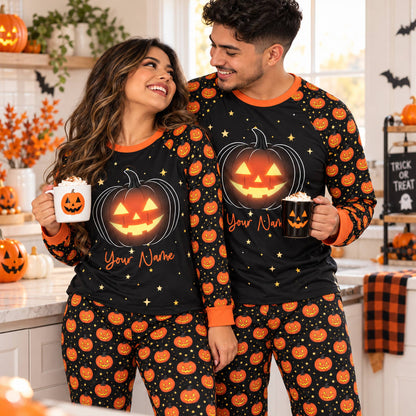 Family enjoying the spooky season in custom halloween pajamas, lifestyle view