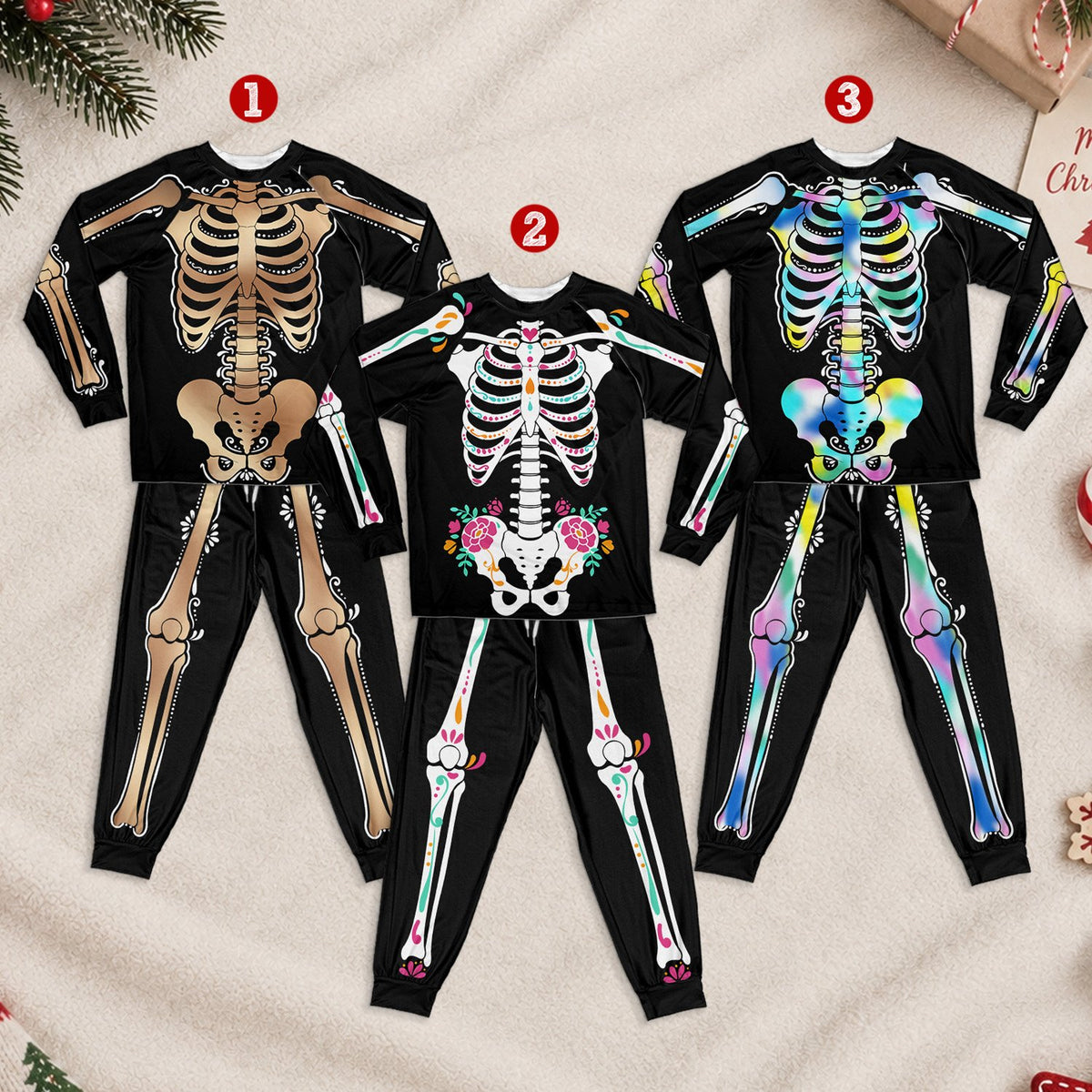 Close-up lifestyle view of the matching family pajama set during Halloween