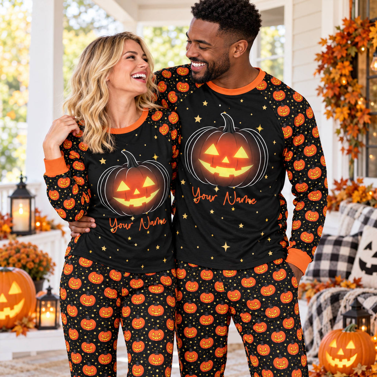 Detail view of the family matching holiday pajamas with custom name