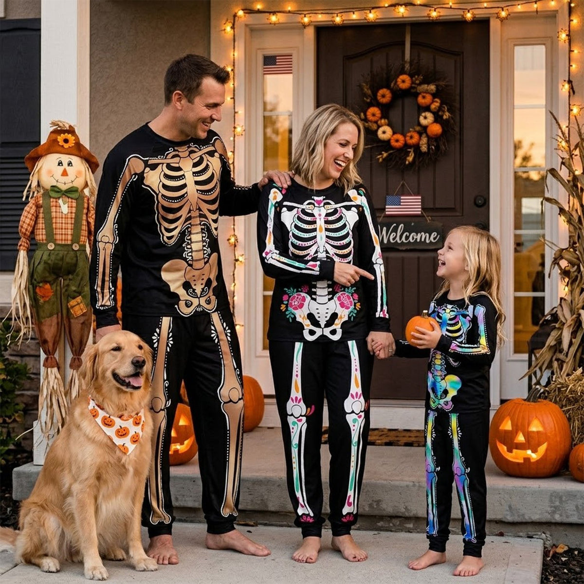 Family wearing matching pajamas for family with skeleton bone prints in a lifestyle setting