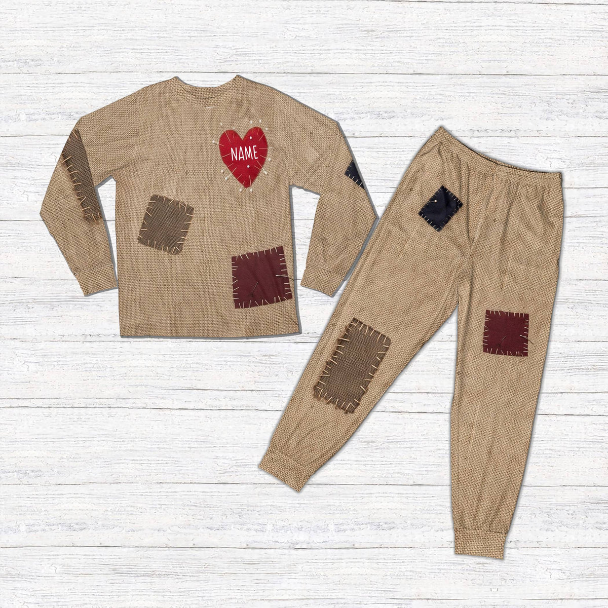 Pajama set custom name featuring a brown burlap texture and red heart, front view