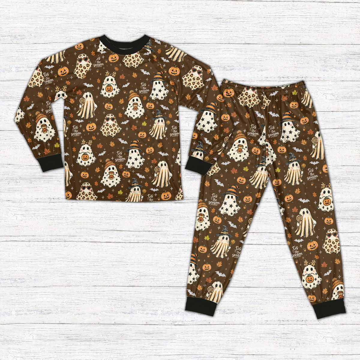 Brown version of the matching family holiday pajamas, front view