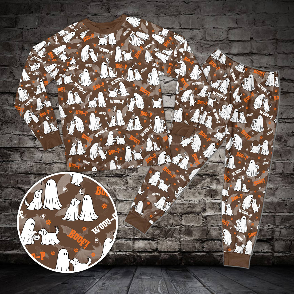 Brown matching family pajama set featuring a dog ghost Halloween pattern, front view