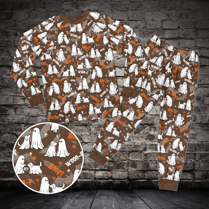Brown matching family pajama set featuring a dog ghost Halloween pattern, front view