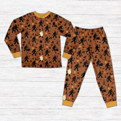 Front view of a different style brown Halloween pajama set with Bigfoot theme