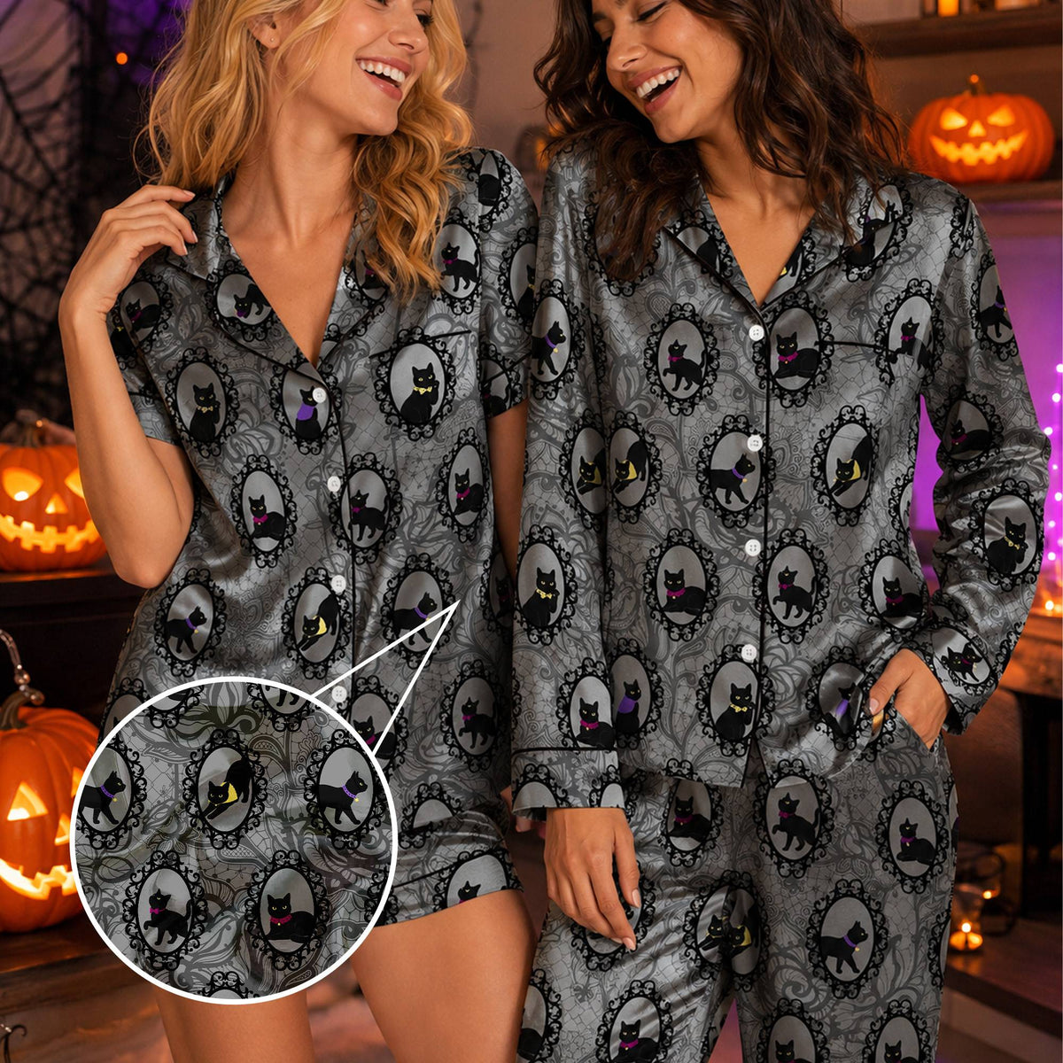 Second lifestyle view of family wearing the matching halloween cats pajama set
