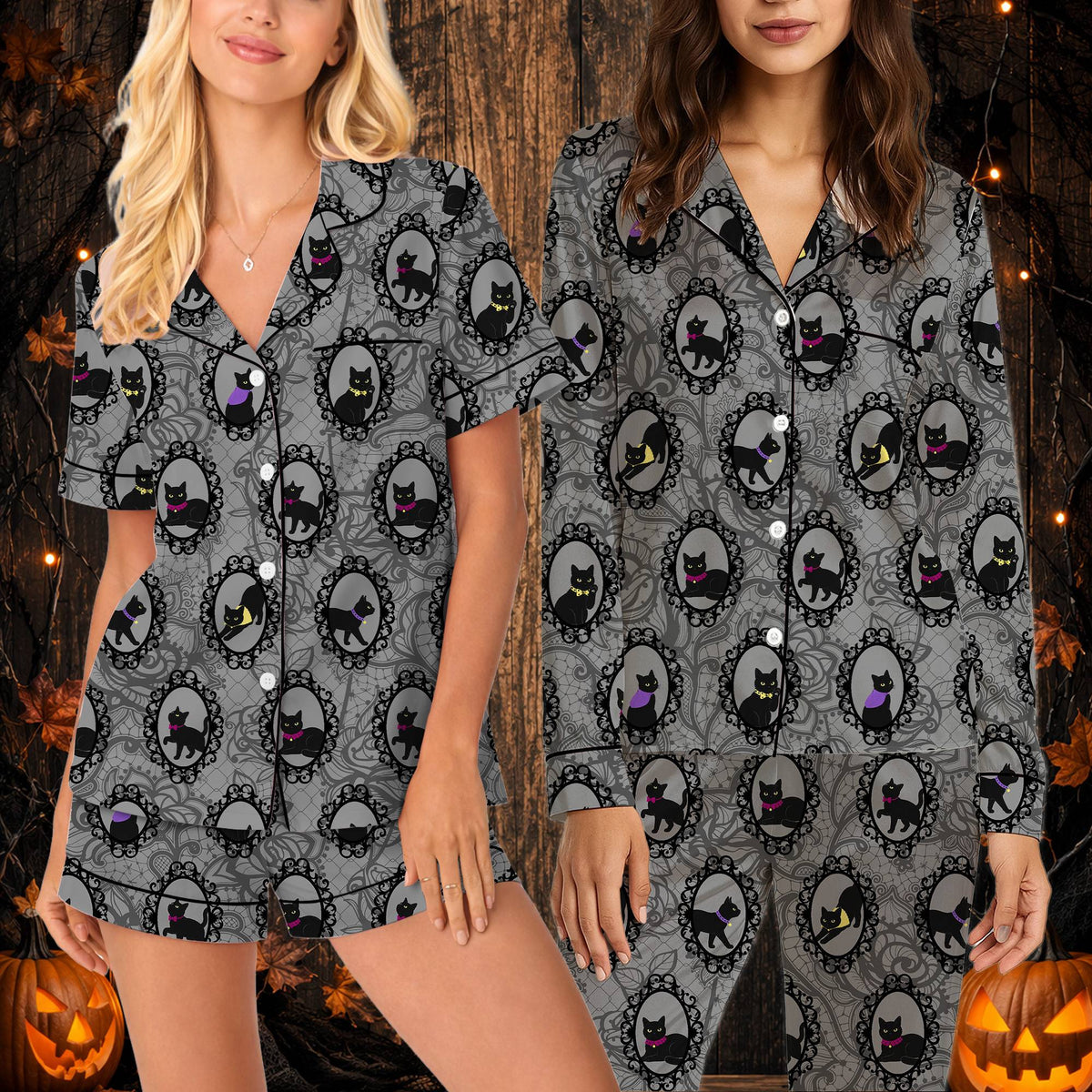 Lifestyle view of family wearing the matching halloween cats pajama set