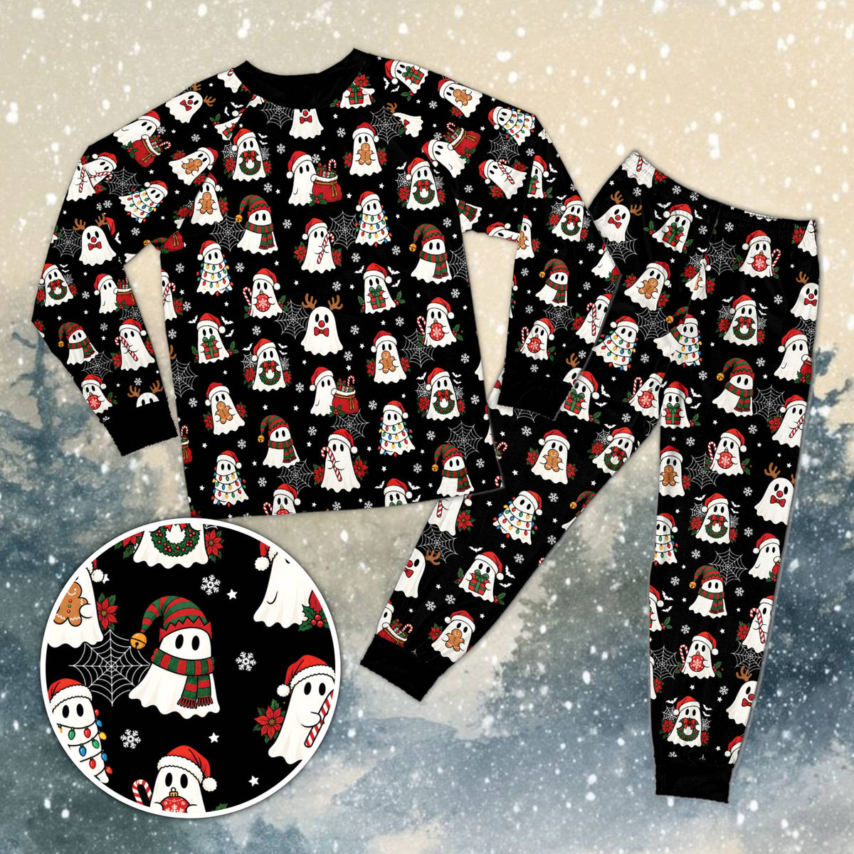 Front view of matching xmas pajamas for family featuring a Halloween Christmas ghost pattern