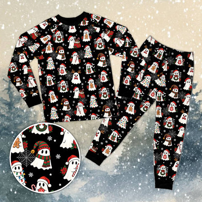 Front view of matching xmas pajamas for family featuring a Halloween Christmas ghost pattern