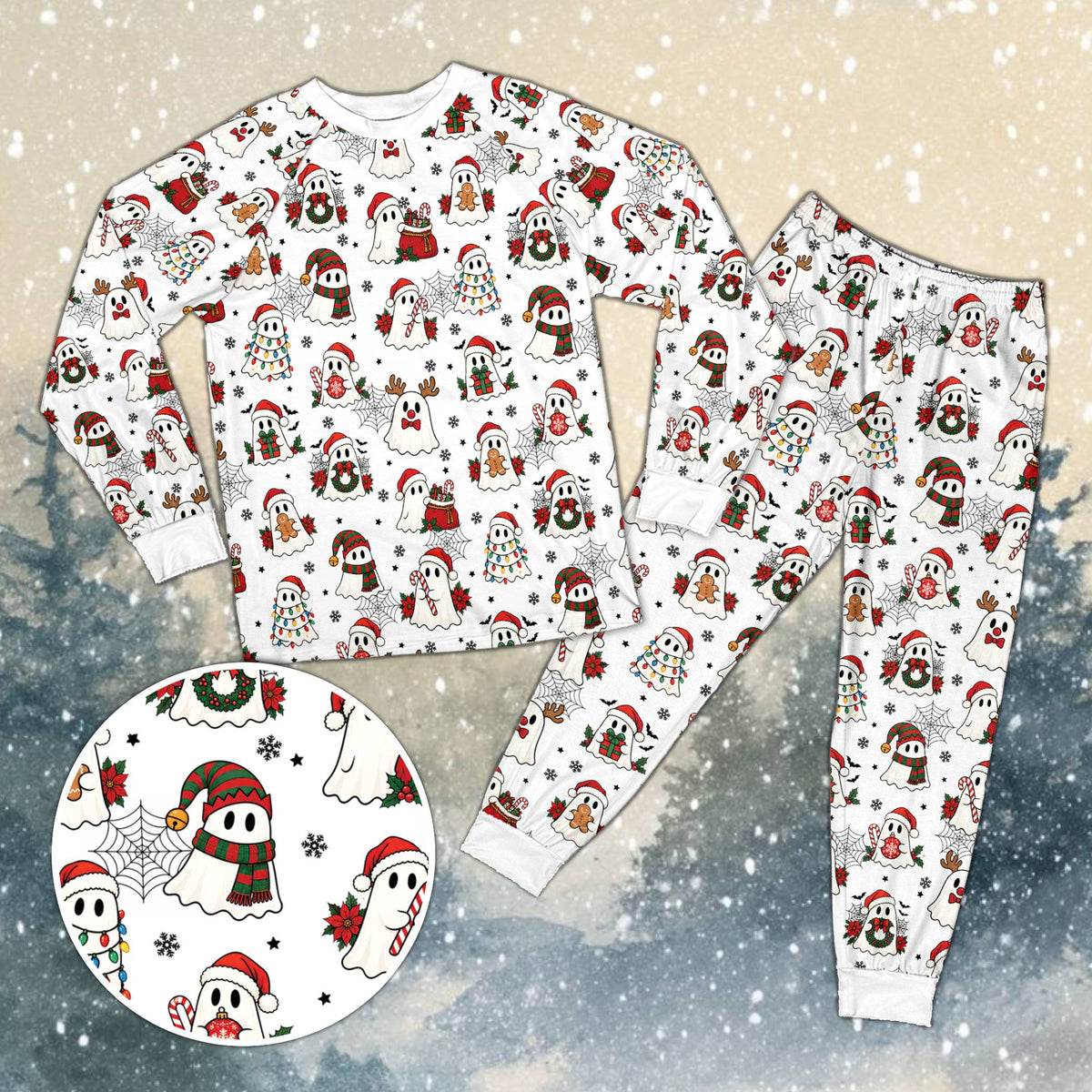 Close up of the matching family holiday pajamas showing ghosts with Santa hats