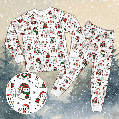 Close up of the matching family holiday pajamas showing ghosts with Santa hats