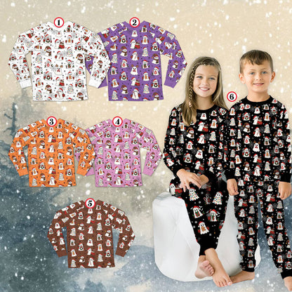 Detail view of the matching family pajama set highlighting spiderwebs and Christmas lights