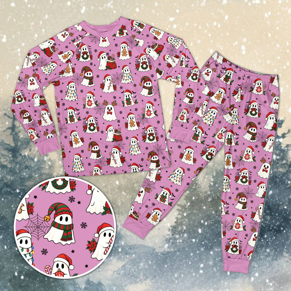 Pink view of the Halloween Christmas family matching pajama set