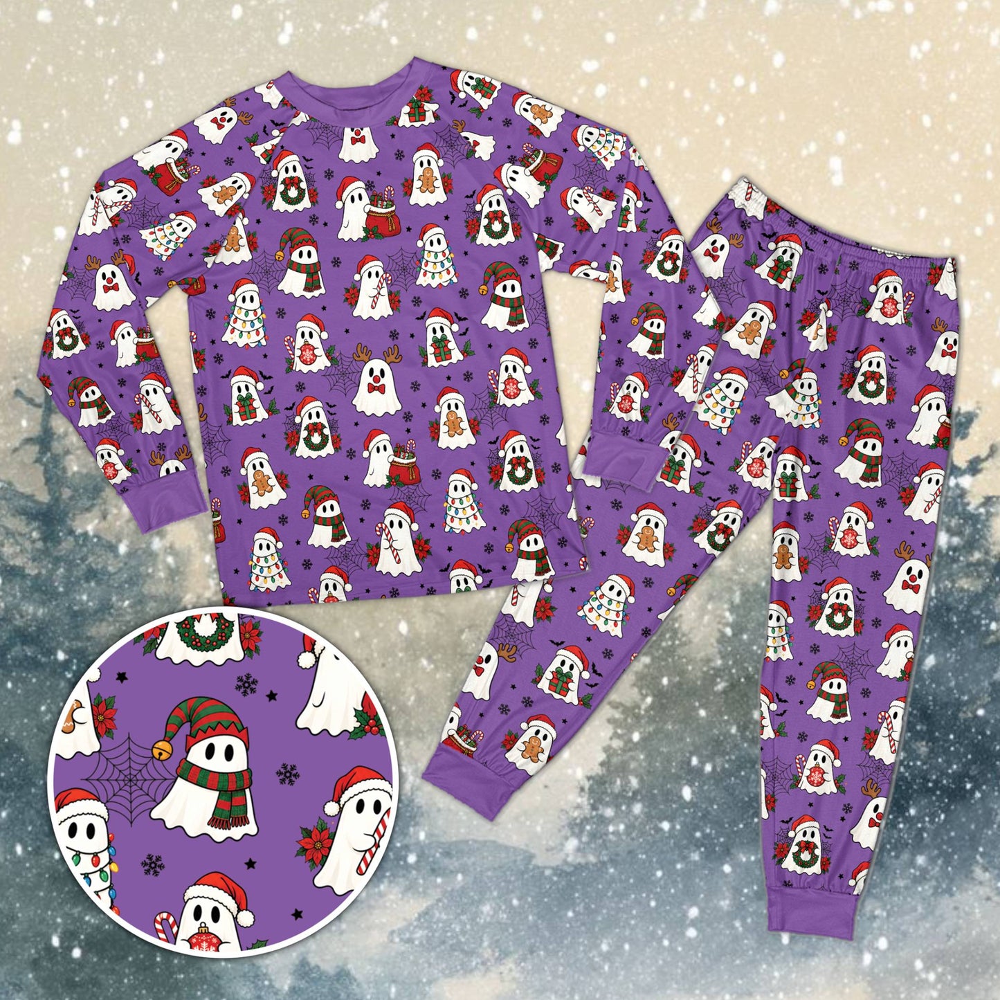 Purple view of the holiday family matching pajamas with ghost design