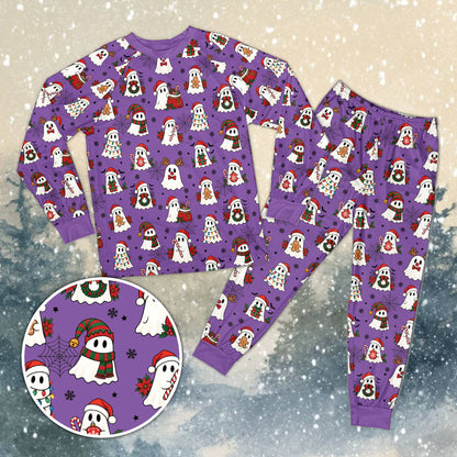 Purple view of the holiday family matching pajamas with ghost design